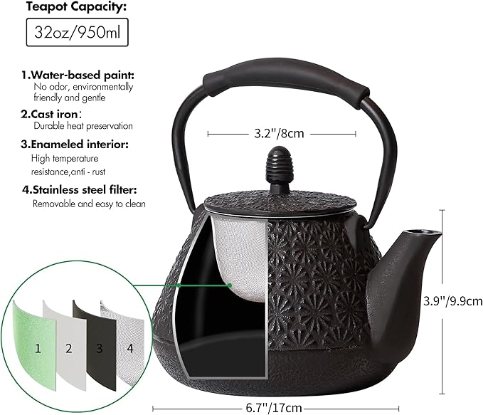 Cast Iron Teapot, 32oz Japanese Sakura Blossom Pattern Tea Kettle, Stovetop Safe, Infuser for Loose Leaf & Coffee, Silicone Handle, Enamel Interior, 950ml Black