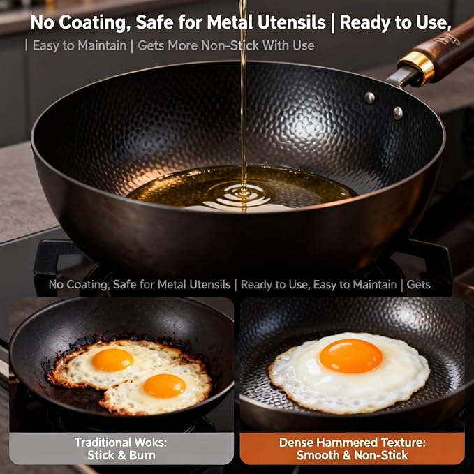 Pre-Seasoned Uncoated Carbon Steel Wok - 10.2 Inch Deep Hammered Hand-Forged Stir Fry Pan, Ready-to-Use Non-Stick Wok with Wooden Handle, Induction & Stovetop Compatible