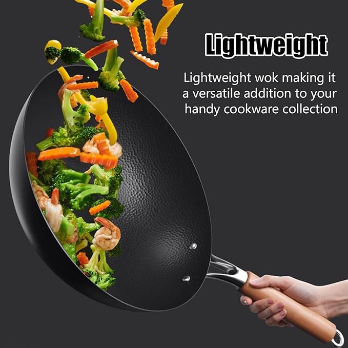Titanium Hammered Wok with Lid, Pre-Seasoned Cast Iron Nonstick Stir-Fry Pan, Flat Bottom Wok, Scratch-Resistant Non Stick Titanium Pans for Cooking,11.81IN