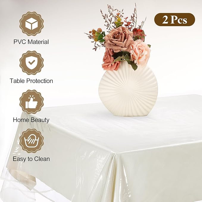 uxcell 2Pcs 52 x 70 Inch Clear Plastic Tablecloth, Waterproof Oilproof Rectangle Vinyl Table Cover Protector with Sewn Finished Edges, Table Cloth for Dining, Parties and Holidays