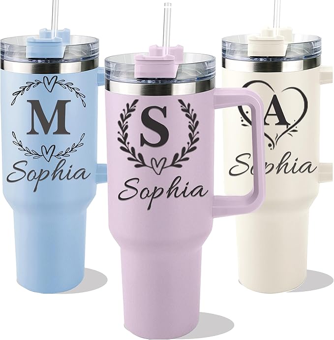Ships Next Day,Birth Flower 40 Oz Tumbler with Handle and Straw, Personalized Tumbler with Name Insulated Cup Reusable Stainless Steel Water Bottle Travel Mug Christmas Birthday Gifts for Women