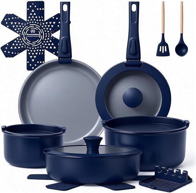 Ammeloo 18-Piece Ceramic Pots and Pans Set Non Stick, Non Toxic Cookware Set with Removable Handles, Pot Sets for Cooking, Induction Ready, Dishwasher & Oven Safe, PFAS PFOA & PTFE Free