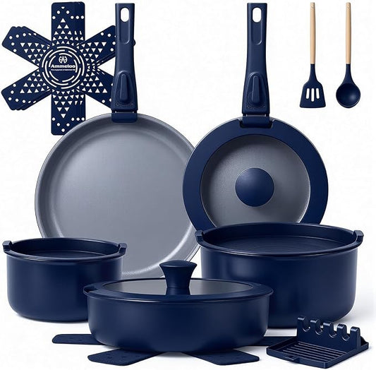 Ammeloo 18-Piece Ceramic Pots and Pans Set Non Stick, Non Toxic Cookware Set with Removable Handles, Pot Sets for Cooking, Induction Ready, Dishwasher & Oven Safe, PFAS PFOA & PTFE Free