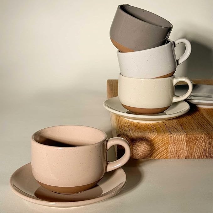 Mora Ceramics 8oz Cappuccino Mug Set of 4 - Ceramic Coffee Cups with Saucers - Microwave and Dishwasher Safe, Perfect For Tea, Espresso, Latte - Porcelain Mugs for Kitchen or Cafe - Assorted Neutrals