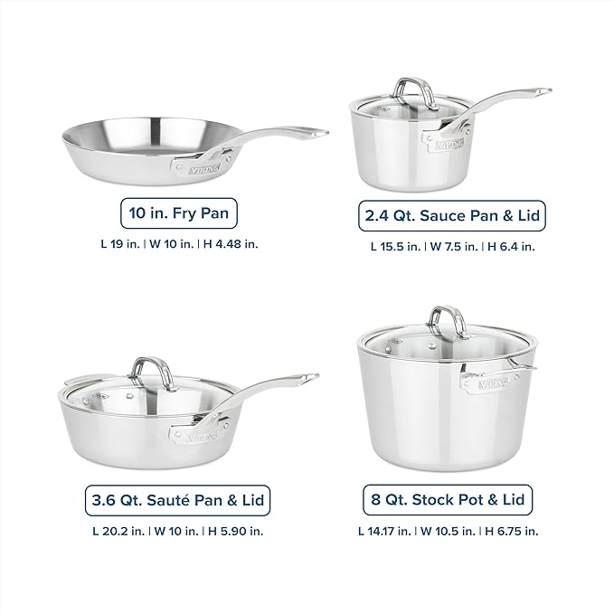 Viking Contemporary 3-Ply Pots and Pans Set, 7 Piece Stainless Steel Kitchen Cookware, Silver