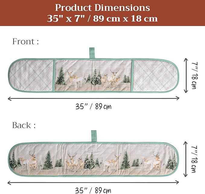 Maison d' Hermine Double Oven Mitt (7" x 35") 100% Cotton Heat Resistant BBQ Cooking Gloves with Loop for Thanksgiving Christmas Decorations Baking Cooking Handling Hot Pan (Deer in The Woods)
