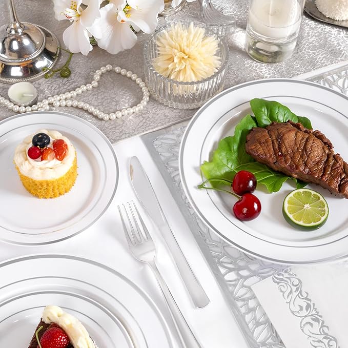 WDF 175PCS White and Silver Plastic Plates - Plastic Plates - 25Guests Silver Disposable Dinnerware Sets for Wedding/Birthday/Holiday/Valentine's Day