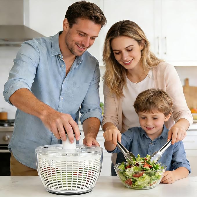 Ourokhome Salad Spinner Lettuce Dryer, One-handed Easy Press Large Vegetable Dryer Salad Mixer with Comfortable and Retractable Pusher and Brake Button for Greens, Herb, Berry, Fruits, 6.3 QT, Black