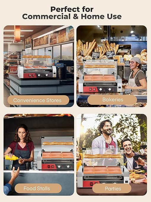 HOUSNAT Hot Dog Roller, 11 Rollers 30 Hot Dogs Capacity, 1650W Stainless Steel Hot Dog Machine with Dual Temperature Control, Bun Warmer Shelf, Glass Hood & Removable Drip Tray for Kitchen Restaurant