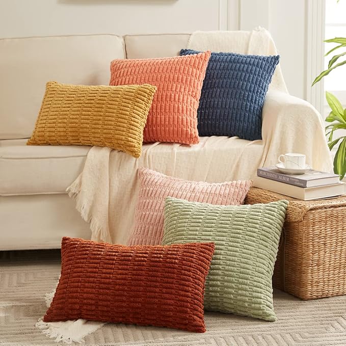 Fancy Homi 4 Packs Mustard Yellow Decorative Throw Pillow Covers 24x24 Inch for Living Room Couch Bed Sofa, Rustic Farmhouse Boho Home Decor, Soft Plush Striped Corduroy Square Cushion Case 60x60 cm
