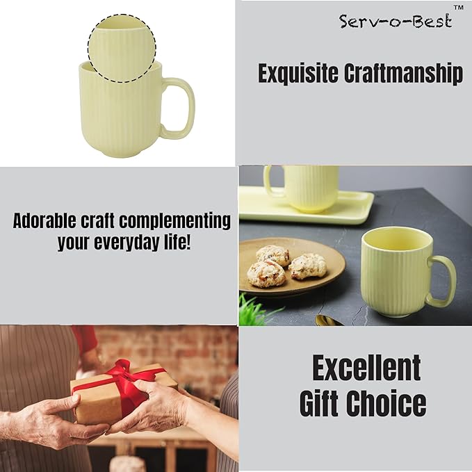 Ceramic Coffee Mugs with Handle Set – 2-Piece 11 Oz Ceramic Coffee Cups & 9" Tray, Handmade Lemon Yellow Color, Microwave Safe Gift Set for Tea Lovers, Home Kitchen Décor