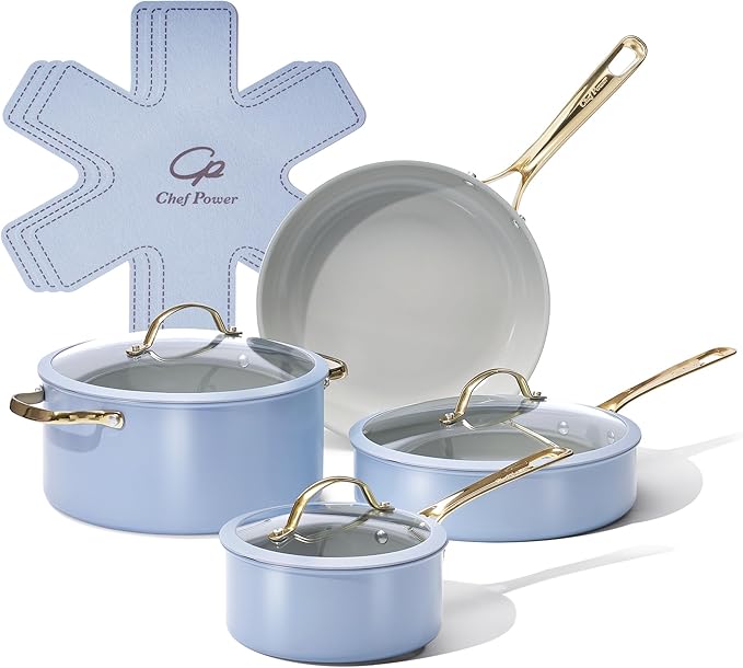 Chef Power Ceramic Cookware Sets, 10Pcs Pots and Pans Set Non Stick, Cookware Set with Stainless Steel Handle, Dishwasher & Oven Safe, Blue Gray and Granite Grey