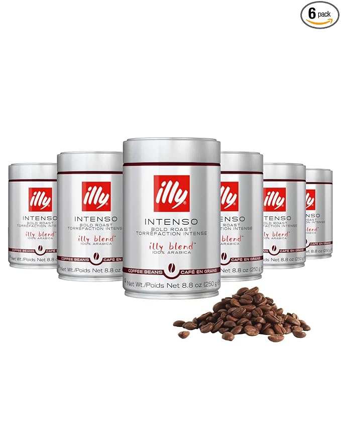 illy Whole Bean Coffee, Intenso Bold Roast, 100% Arabica, Premium Italian Coffee, Ideal for Espresso, Drip, Moka and French Press Brewing, 8.8oz, 6 Pack