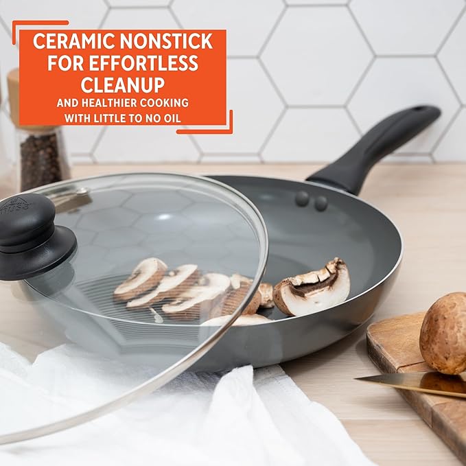 IMUSA 9.5-Inch Ceramic Nonstick Sauté Pan with Lid – Deep Gray Aluminum Skillet with Glass Cover & Cool-Touch Handle – Ideal for Sautéing, Stir-Frying, Steaming, Braising & Searing