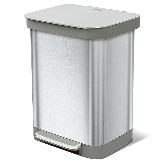 Glad Stainless Steel Step Trash Can, Series 2 with Clorox Protection - Large Metal Kitchen Garbage Bin with Soft Close Lid, Foot Pedal and Waste Bag Roll Holder, 13 Gallon