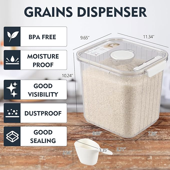 Yuright 1 Pack 22 Lbs Cereal Rice Food Storage Container Bin, Clear Plastic Food Grain Storage Container with Measuring Scoop