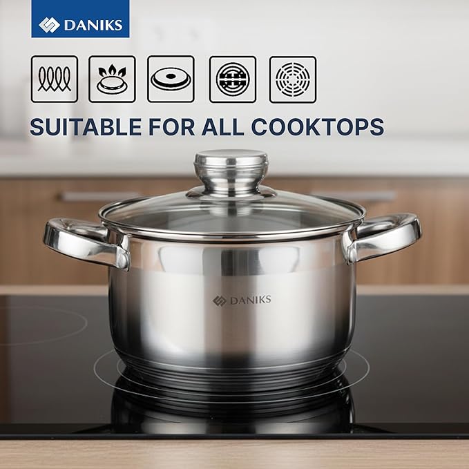 Daniks Standard 2 Quart Stainless Steel Stock Pot with Glass Lid, Try-Ply Bottom for Even Heating, Induction Compatible, Dishwasher Safe, Built-In Measuring Scale, Silver