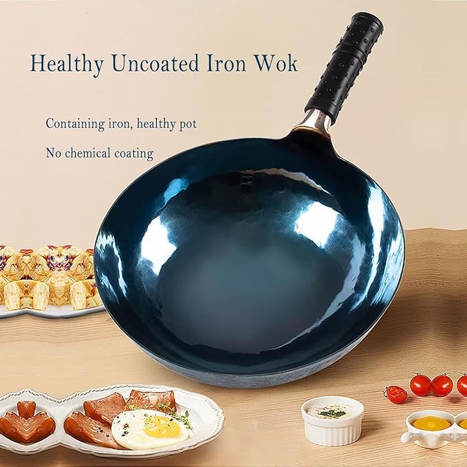 13 Inch Chinese Hand Hammered Iron Wok and Stir Fry Pans with Lid Round Bottom Wok Pan Non-stick No Coating Ideal for Home Use and Gift Giving