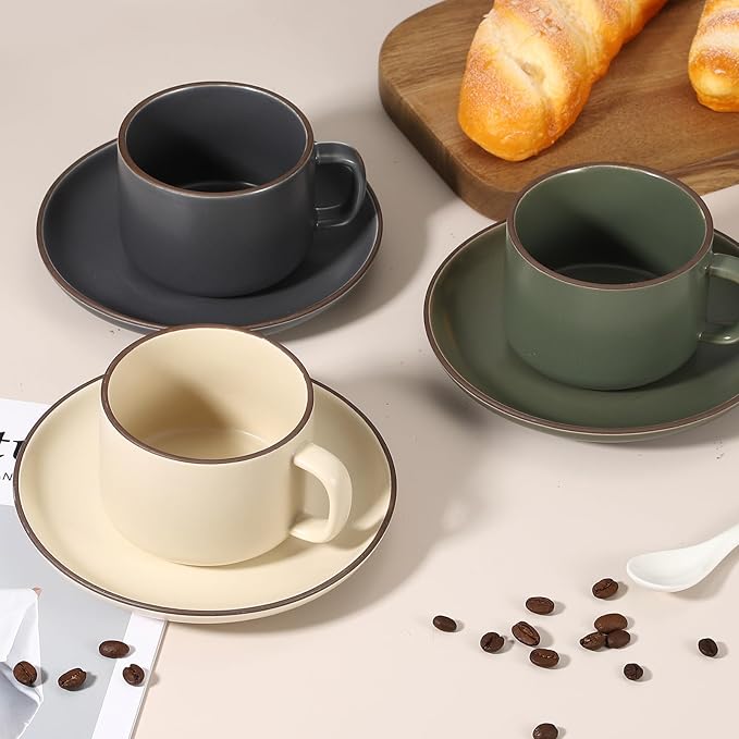 uxcell Handmade Vintage Espresso Cups, 8 oz Coffee Cups and Saucers Ceramic Tea Cup with Handle Dishwasher and Microwave Safe for Latte Cappuccino Milk Office Home Gifts, Pure Beige