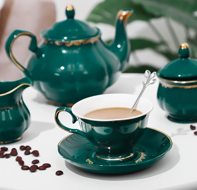 CHENP.HMC Tea Set 22-Piece Porcelain Ceramic Coffee Tea Sets Cups Saucer Service for 6 Teapot Sugar Bowl Creamer Pitcher and Teaspoons Porcelain Tea Set(Dark Green)
