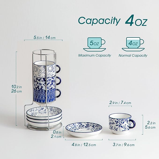 vancasso 4OZ Stackable Espresso Cups with Saucers, Porcelain Cappuccino Cups Set of 4, Coffee Cups Set with Metal Stand for Specialty Coffee Drinks, Great gift, Series SELENE (Vintage Blue, 4 Ounce)