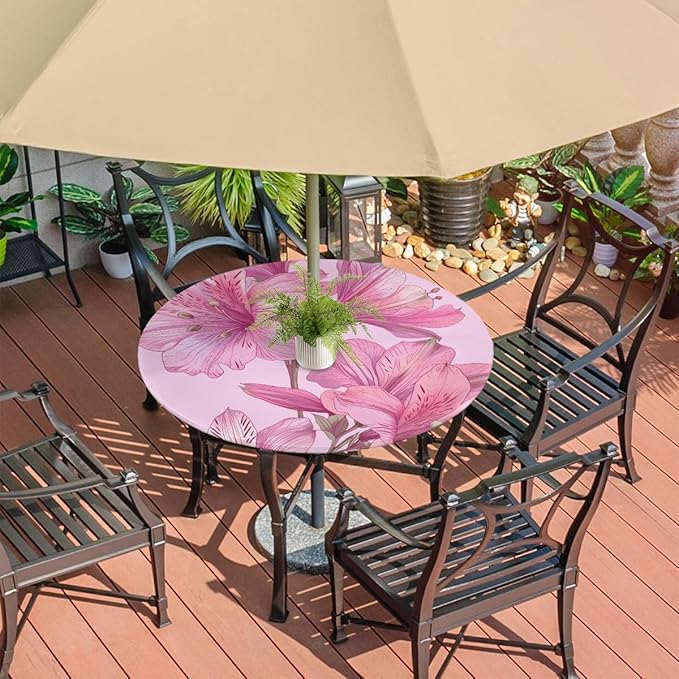 Fitted Round Tablecloth With Umbrella Hole and Zipper Exquisite Flower Outdoor Circle Tablecloth With Elastic 45"-56" Showy Flower Waterproof Oil-Proof Patio Table Cover for Picnic Camping Party