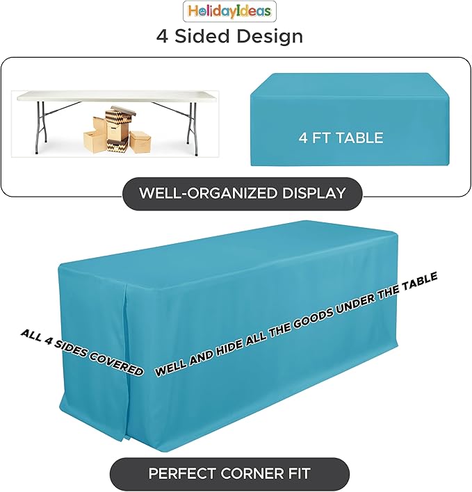 HolidayIdeas Fitted Tablecloths for 4 Foot Rectangle Table, Wrinkle Resistant Washable Table Cover 24x48 Inch for Vendor Booth Display, Banquet, Trade Show, Teal, 4 Pcs