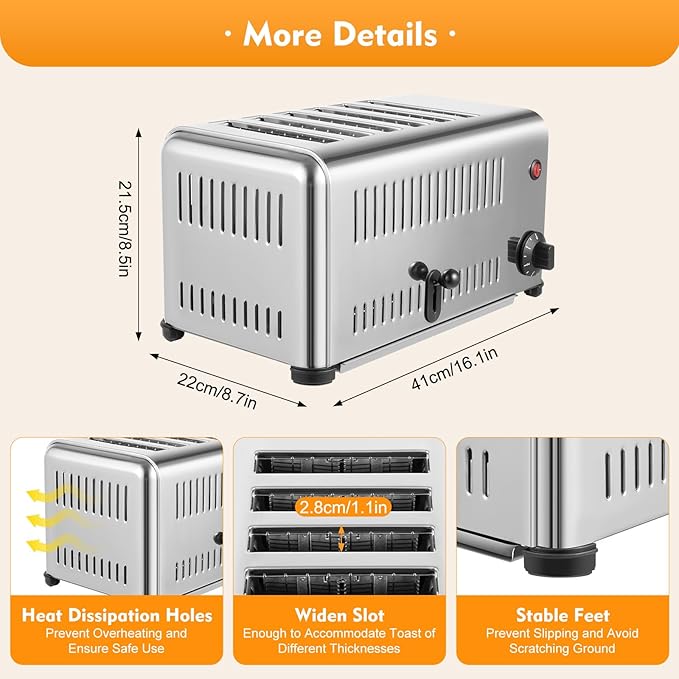 Commercial Toaster Bread Baking Machine, 110V 1680W 1.1in Wide Slot Stainless Steel Toaster 6 Slice Breakfast Bread Baking Machine with 1-5 Minute Timing 6 Slice & Precise Timing for Restaurant