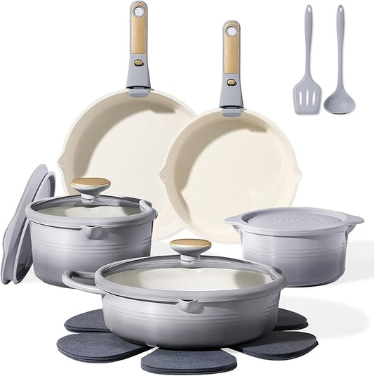 CAROTE 17Pcs Titanium Cookware Set, Pots and Pans Set Non Stick, Kitchen Cooking Set with Detachable Handle, Non Toxic Induction Cookware, Dishwasher/Oven Safe