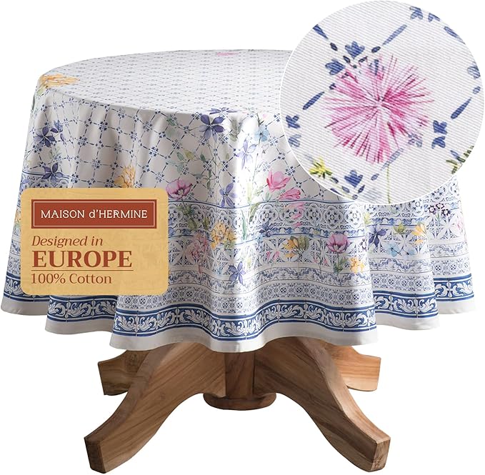 Maison d' Hermine Table Cloth Round Table 100% Cotton 69 Round Inches Tablecloth Reusable Decorative for Dining Room Farmhouse Home Valentines Day Decorations Spring Summer - Faience