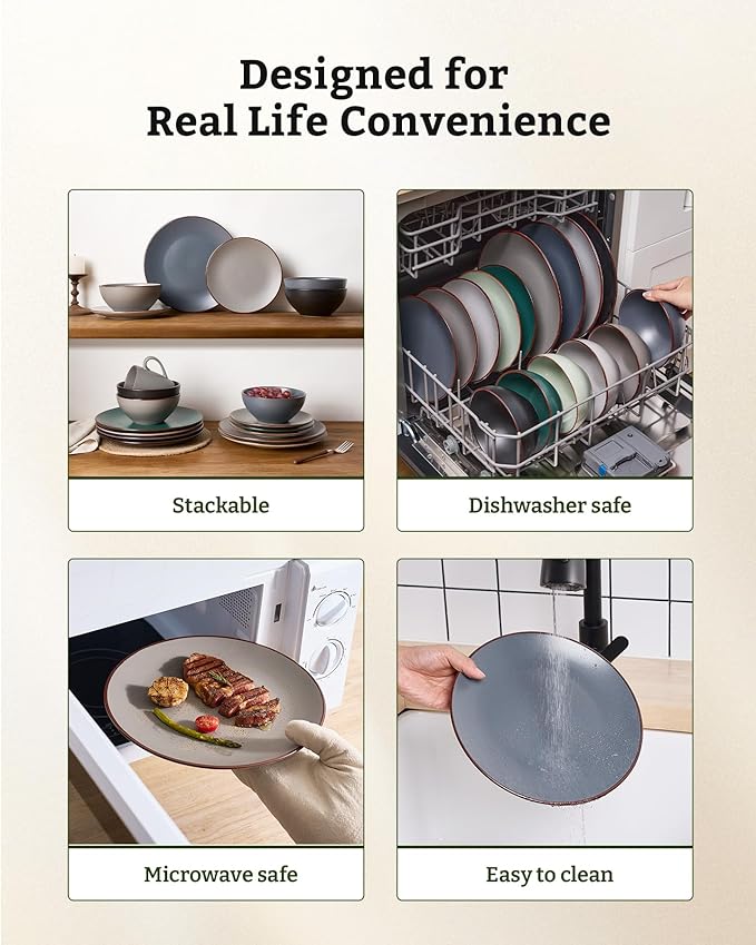 Famiware Venus Speckled Dinnerware Set with Pasta Bowls, Service for 4 (16 Pieces), Stoneware Plates and Double Bowls Sets, Microwave & Dishwasher-Safe Dishes with Trim, Matte Multi-color