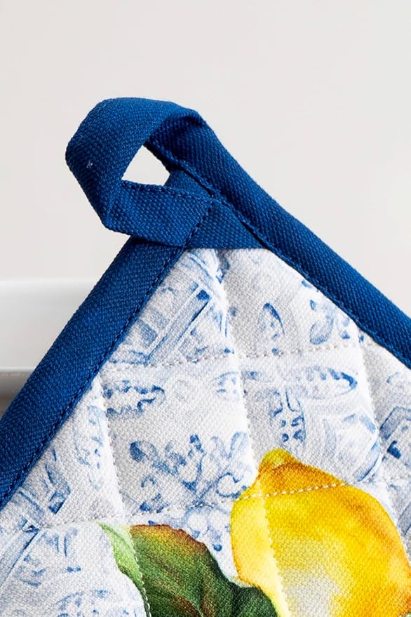 Maison d' Hermine Pot Holders Set 100% Cotton Heat Resistant Potholders 8" x 8" Hot Pads with Loop BBQ, Cooking, Baking, Grilling, Kitchen, Handling Hot Pans Spring/Summer (Pack of 2, Citrus)