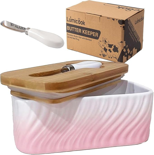 Sakura Pink Butter Dish with Lid, Knife - Ceramic Butter Keeper with Unique Ripple Texture, Butter Dish，Butter Holder (Sakura Pink, Large)