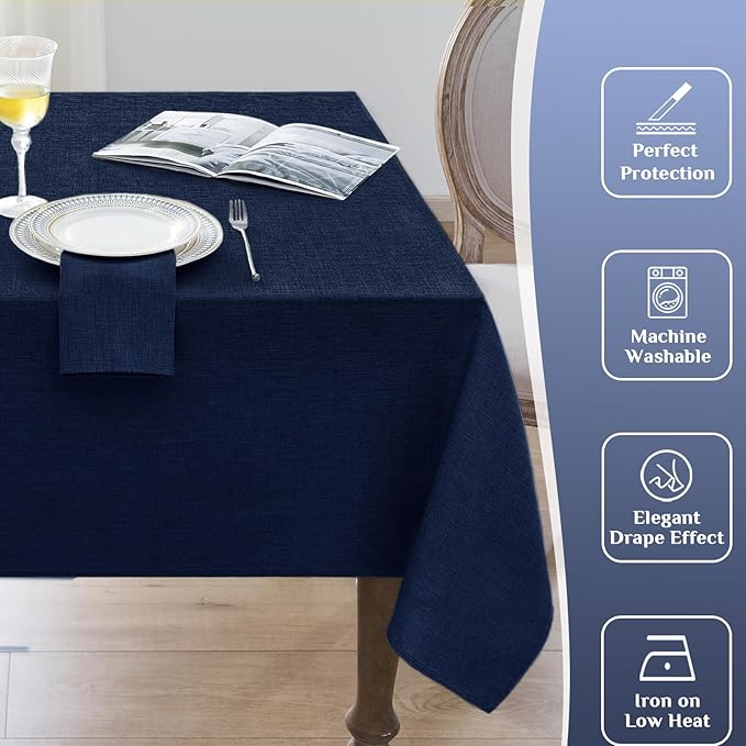 Softalker Navy Blue Large Rectangular Table cloths 60x104 inch Faux Linen Tablecloth Outdoor Waterproof Stain and Wrinkle Resistant Table Cover for 6/8 foot Rectangle Dining Table for Party Graduation