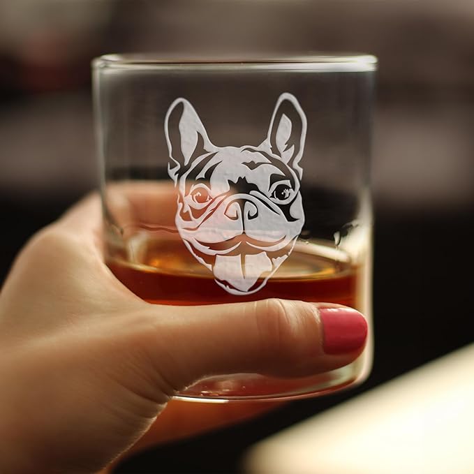Happy Frenchie - Whiskey Rocks Glass - Unique French Bulldog Themed Gifts or Party Decor for Women and Men - Set of 2-10.25 Oz