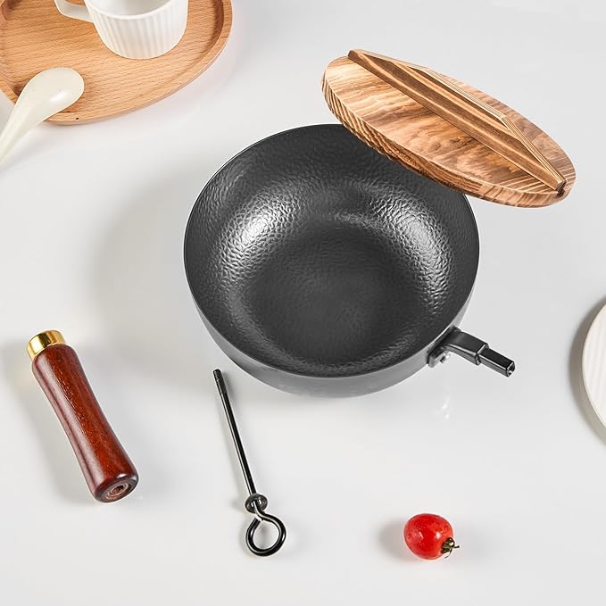 7.8 Inch Small Wok, Cold-Forged Iron Pot with Wooden Lid & Handle, 1.6 QT Sauce Pan for 1-2 Servings, Multipurpose Flat Bottom Wok for Stir-Fry, Pasta & Soup, Induction Compatible