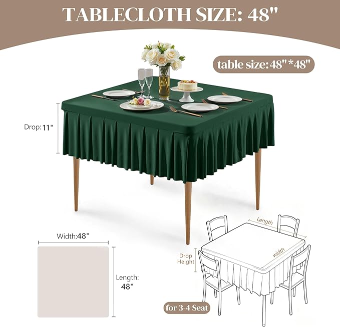 Wish Care Hunter Green Spandex Tablecloths for 48x48 Inch Square Tables, Stretch Fitted Table Clothes with Pleated Ruffle Skirt for 48” Table, Wrinkle Free and Elastic, for Party Kitchen Home Dining