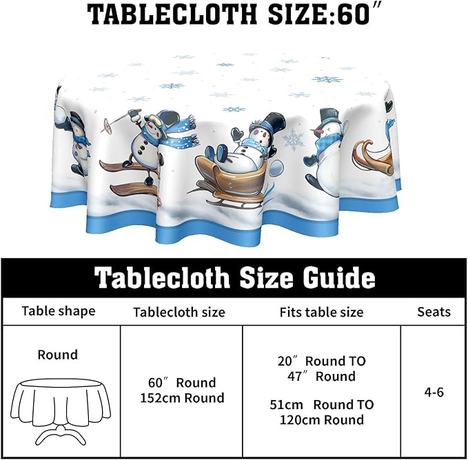Winter Snowman Tablecloth Round 60 Inch Blue and White Christmas Snowman Snowflake Snow Circle Table Cloth Xmas Holiday Table Cover for Kitchen Dinner Home Decor