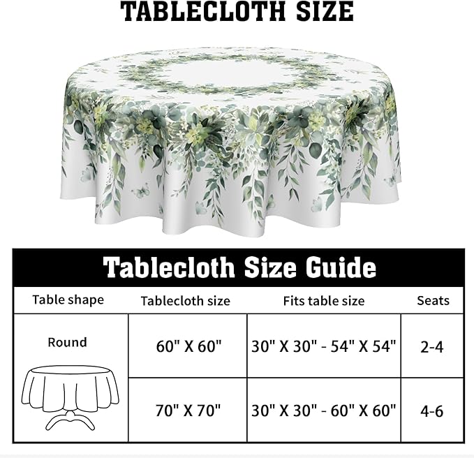 Spring Round Tablecloth 60 Inch Green Eucalyptus Leaf Circle Table Cloth Seasonal Holiday Rustic Table Cover for Party Kitchen Dinner Home Decor