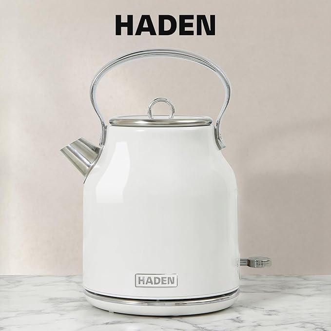 Haden Heritage Stainless Steel Body Retro Electric Tea Kettle, White and Haden Heritage 4 Slice Wide Slot Stainless Steel Retro Toaster, White