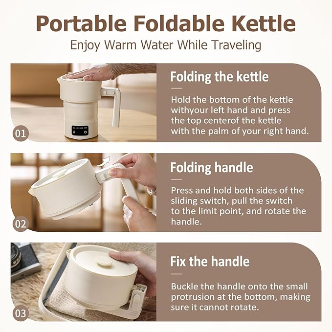 Travel Foldable Electric Kettle,Collapsible Electric Kettle Food Grade Silicone Small Pot Boiling water,0.6L/20.3oz Stainless Steel with Bag