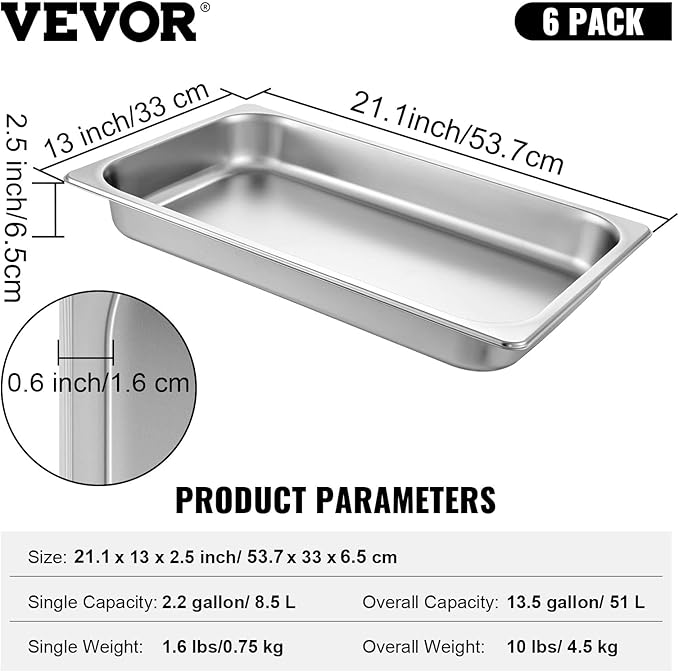 VEVOR Hotel Pans Full Size 2.5 Inch Deep, Steam Table Pans 6 Pack,0.8mm Thick Stainless Steel Hotel Pan Anti Jam Steam Table Pan, for Home, Party, Restaurant, Hotel, Buffet