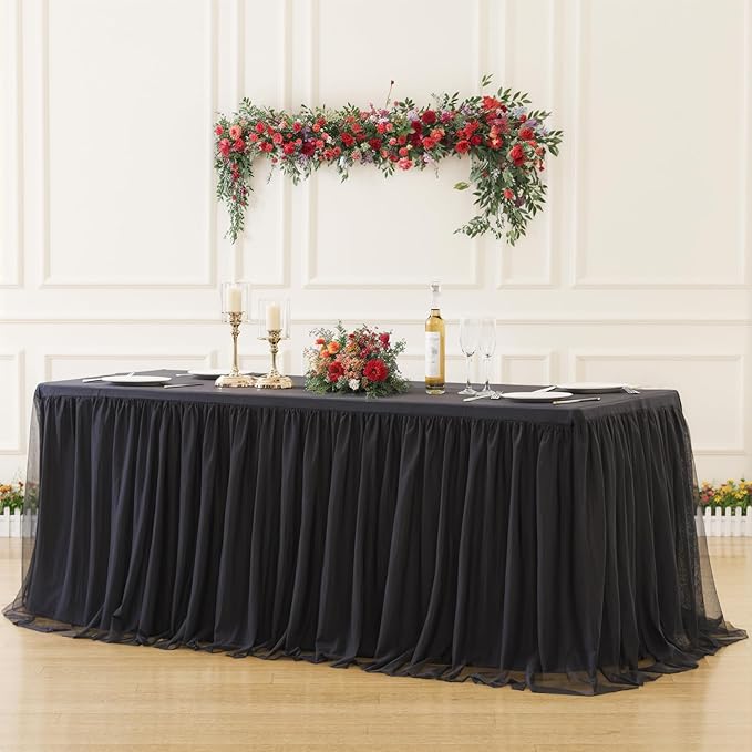 4 Pack Black Tulle Tablecloths for 8 Foot Rectangular Tables, 8ft Black Rectangle Table Cloths, Wrinkle Free Table Cover with Tutu Skirt for Wedding Birthday Party Banquet Buffet Event Decorations