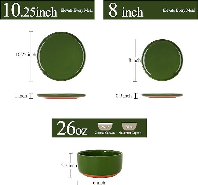 6 Piece Dinnerware Set, Dual Glaze Stoneware Plates and Bowls Sets, Modern Dinner Plate, Salad Plate, Cereal Bowl, Dish Set for 2, Microwave and Dishwasher Safe, Forest Glaze Green