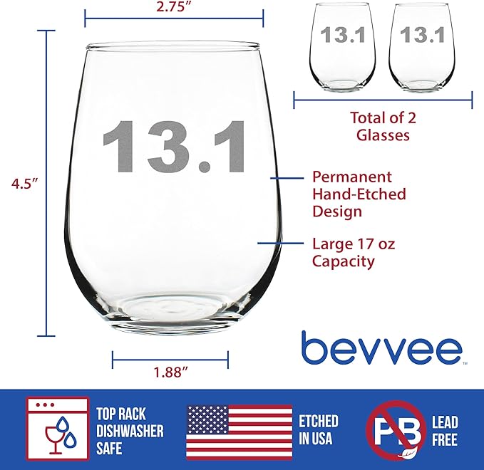 Bevvee 13.1 Half Marathon Stemless Wine Glass - Gifts for Half Marathon Runners - Set of 2 - Large 17 Ounce Glasses