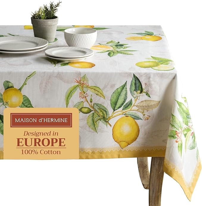 Maison d' Hermine Table Cloth Rectangle Table 100% Cotton 70 x 120 Inches Tablecloth Reusable Decorative for Dining Room Farmhouse Home Valentines Day Decorations Spring Summer - Limoncello