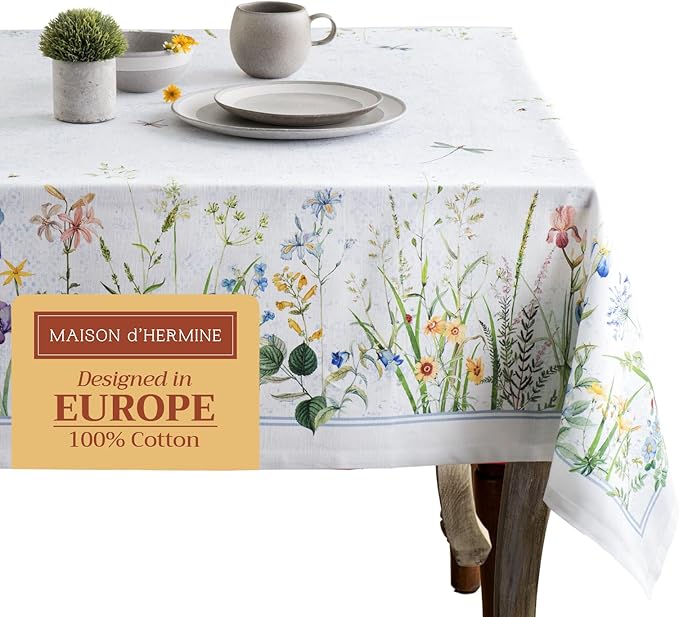 Maison d' Hermine Table Cloth Rectangle Table 100% Cotton 70 x 108 Inches Tablecloth Reusable Decorative for Dining Room Farmhouse Home Valentines Day Decorations Spring Summer - Fleurs De Mai