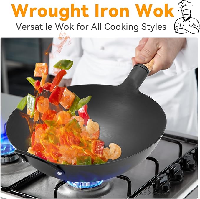 WANGYUANJI 13.4" Round-Bottom Iron Wok, Deep Chinese Stir-Fry Pan (Seasoning Required), Wok Ring Required, Not Flat-Top/Induction — No Lid, No Ring,Wooden Handle, Coating-Free