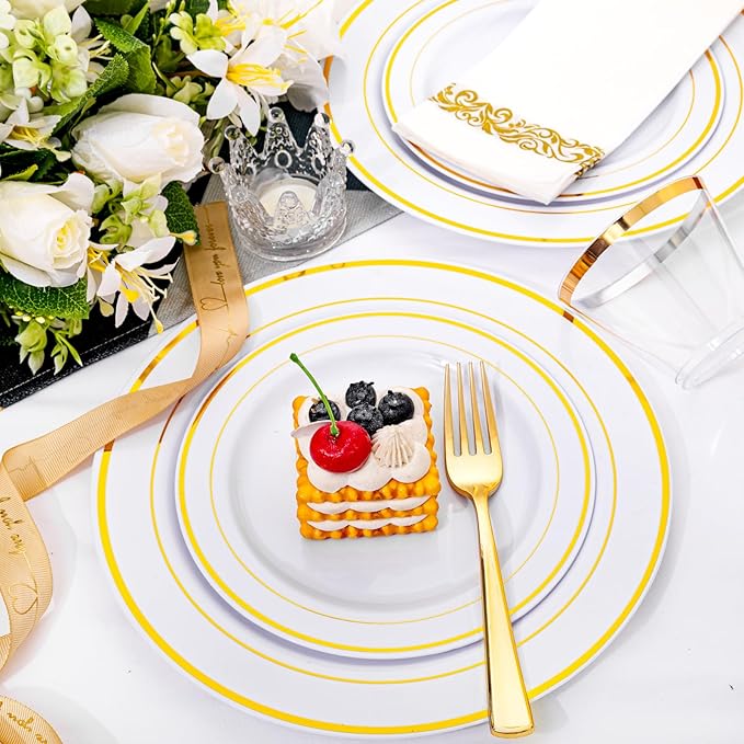 I00000 60 Pieces Gold Plastic Plates, Heavy Duty White and Gold Plastic Plates for 30 Guests Include: 30 Gold Rim Dinner Plates and 30 Gold Dessert Plates Perfect for Wedding & Party