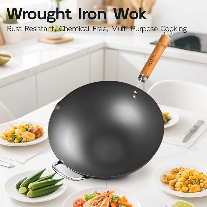 WANGYUANJI 12.6" Flat-Bottom Iron Wok with Glass Lid, Uncoated Stir-Fry Pan, Fast-Heating Refined Iron, Induction/Gas/Electric Compatible, Wooden Handle (Seasoning Required)